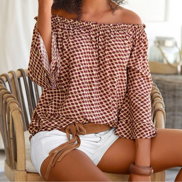 Lascana Berry Multi Printed Off The Shoulder Top Bell Sleeve Boho - Picture 1 of 10